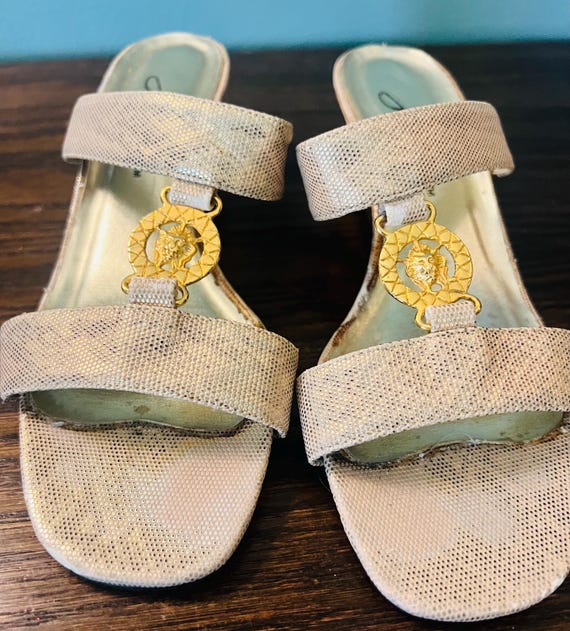 Vintage Gold Lion’s Head “Annie” Sandals. Metallic Gold Strappy Heels, Size 6.5