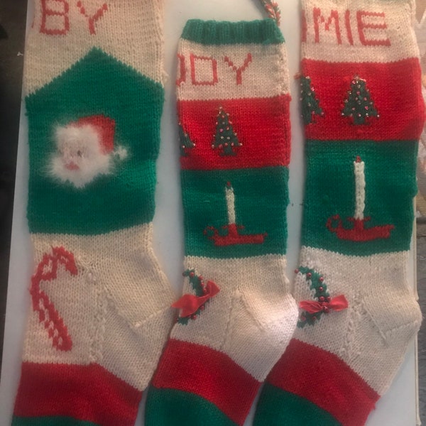 Vintage Handmade Knit Christmas Stockings. Hand Knitted Christmas Stocking. Vintage Stocking. Mom, Daddy, and Libby. I cannot personalize