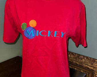 Vintage 1990’s Red Embroidered Mickey Mouse T-shirt, Size Medium