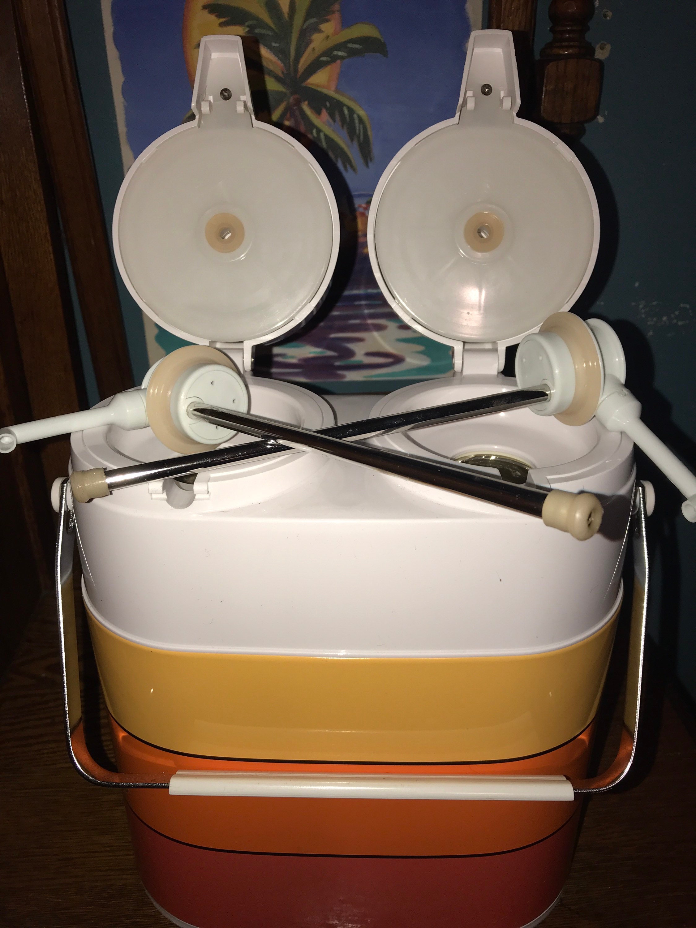 Vintage Peacock Twin Airpot Thermos. Retro Double Pump Thermos. Yellow