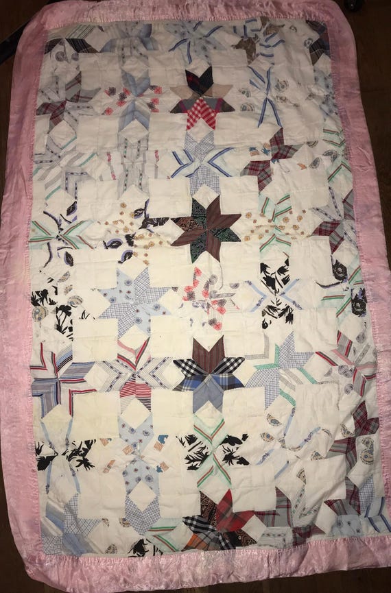 Vintage Handmade Star Baby Quilt With Satin Trim, Distressed