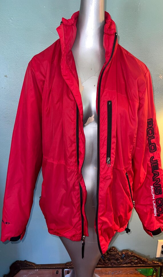Vintage Polo Jeans Red Windbreaker Jacket, Fleece Lined, Size Medium