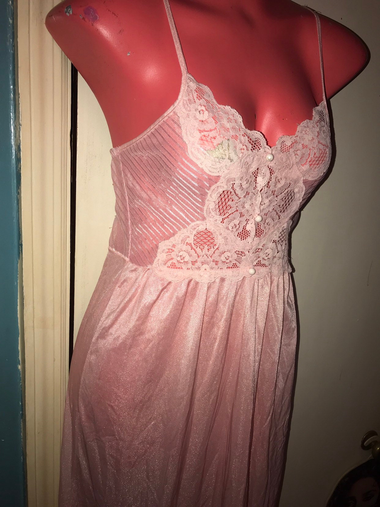 Vintage Pink Nightgown. 1970's Babydoll Pink and Lace Nightgown. Long ...