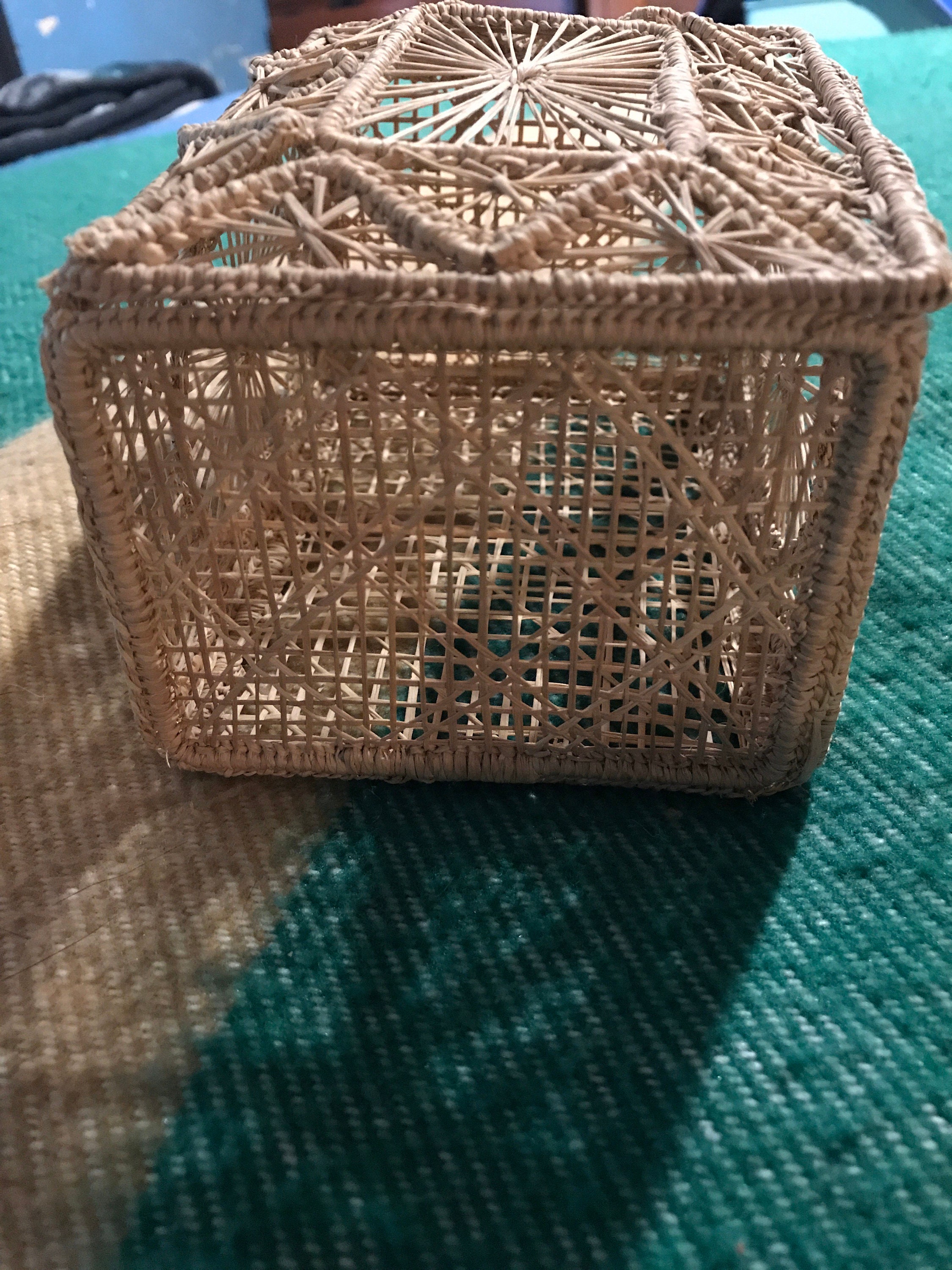 Vintage Small Woven Basket With Lid. Bohemian Woven Basket. Small