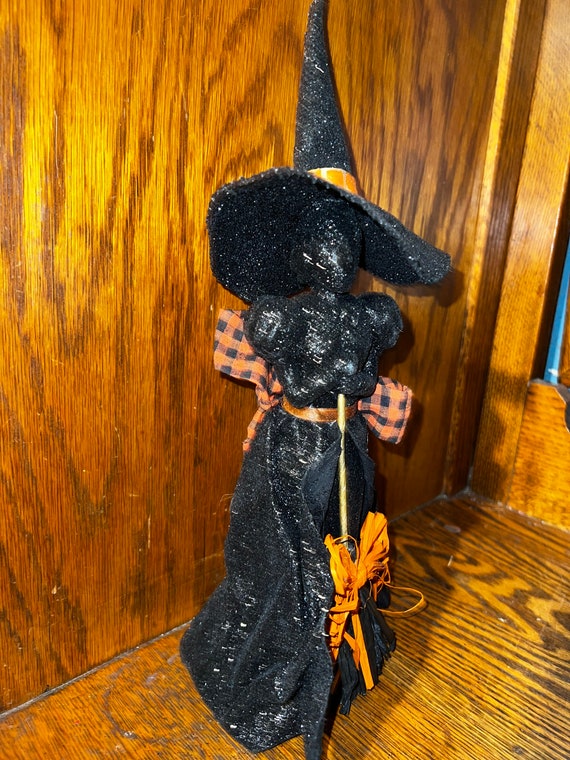 Vintage Hallmark Black Glitter Witch. Hallmark Witch Decor. Black Paper Mache Glitter Witch With Straw Broom. Very Cool Halloween Decor