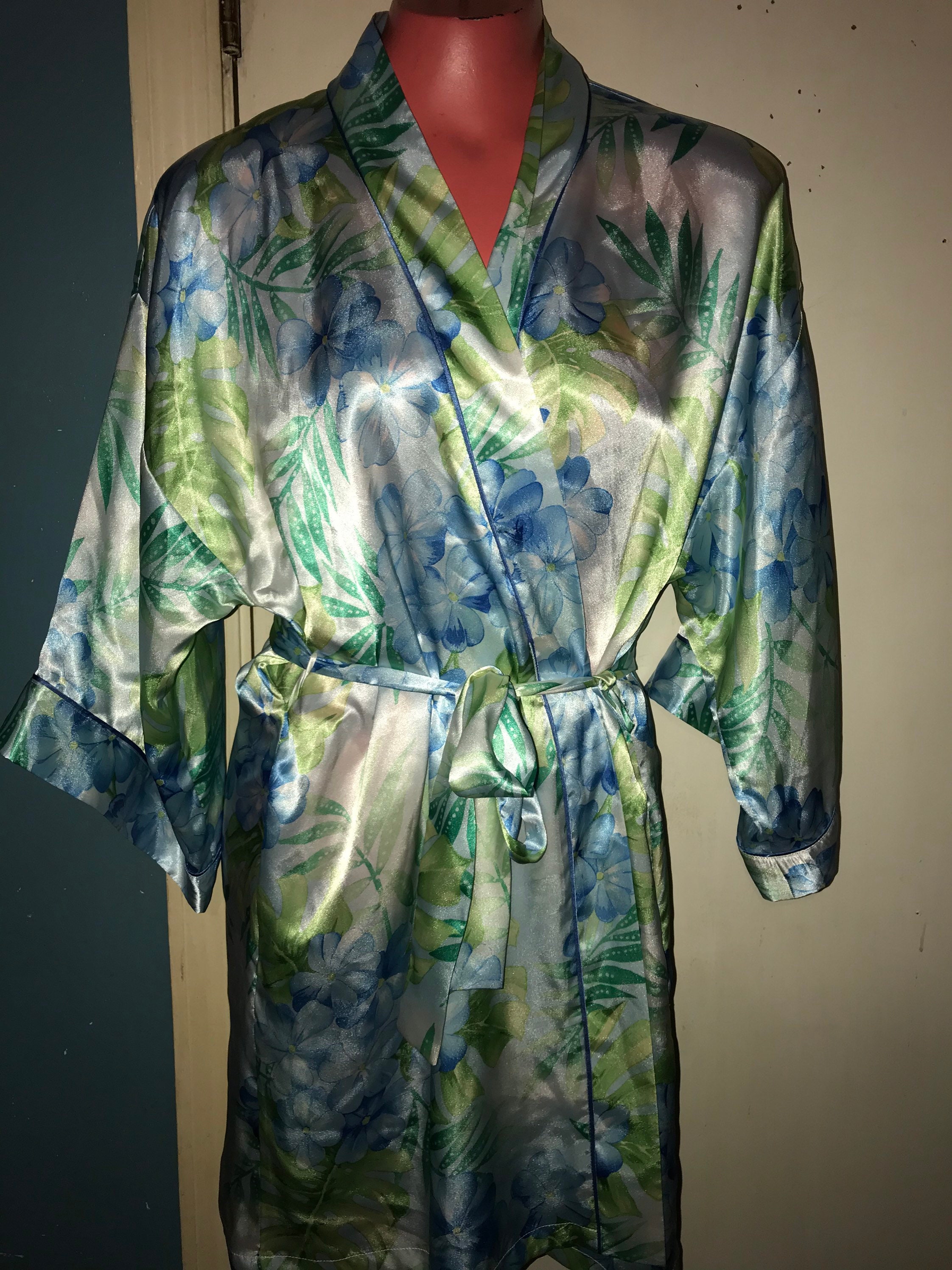 Vintage Short Satin Robe. Green and Blue Floral Satin Robe ...