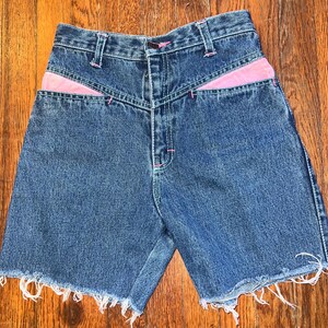 Early 1990’s Zip Code Blue Jeans Shorts, Pink Pockets and Fringe, Size XS/S