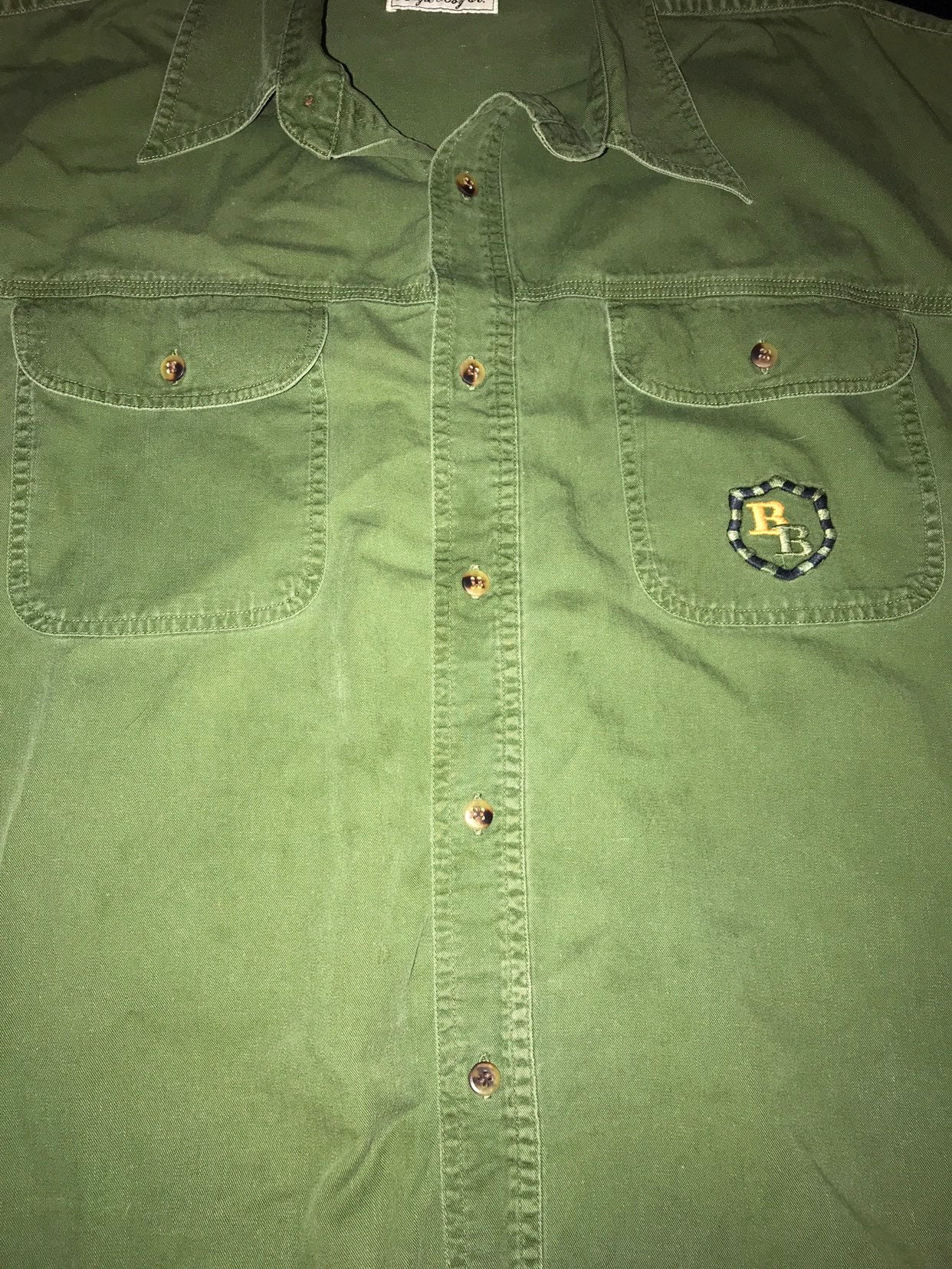 Vintage Bugle Boy Button Down Shirt. Mens Bugle Boy Green Khaki Shirt