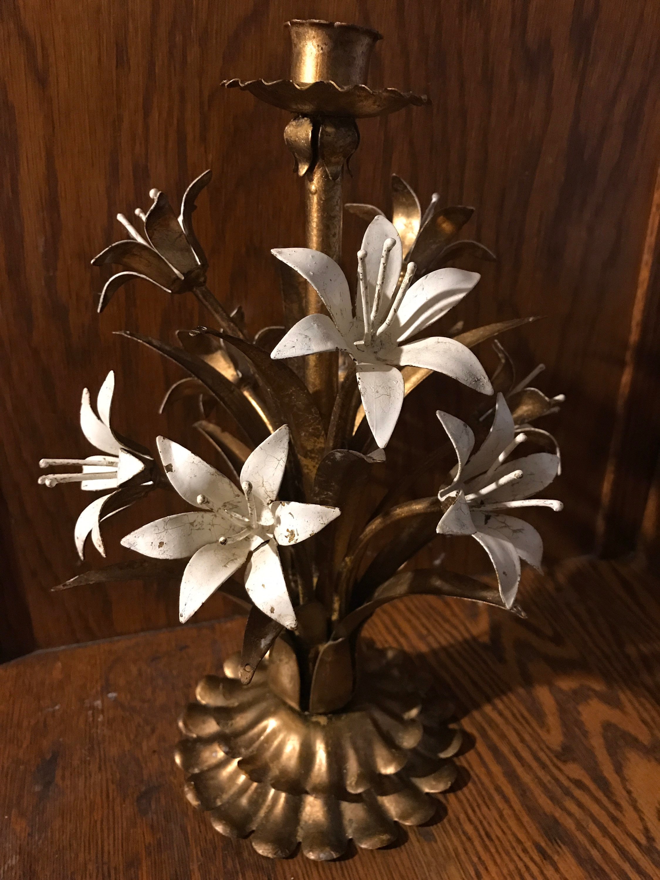 Vintage Metal Flower Candlestick Holders, Tole Floral Candlestick