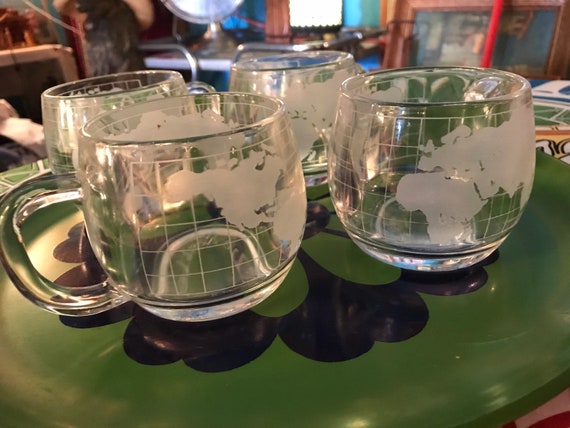 Vintage Nestle Glass World Map Mugs. Set of Four