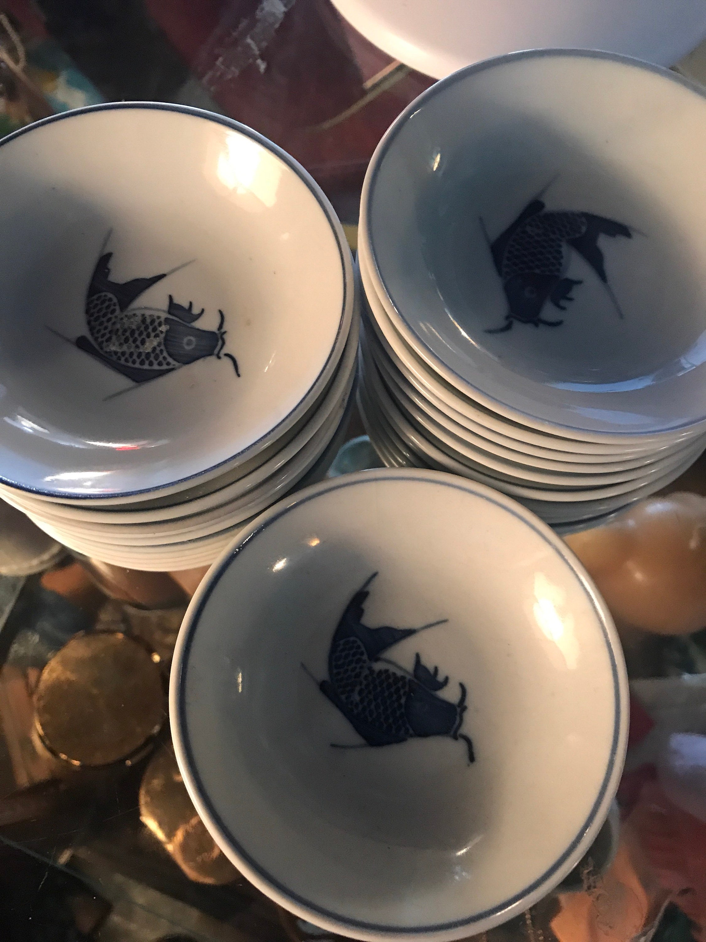 Vintage Blue and White Chinese Koi Bowl. Chinese Fish Bowl. Small Koi