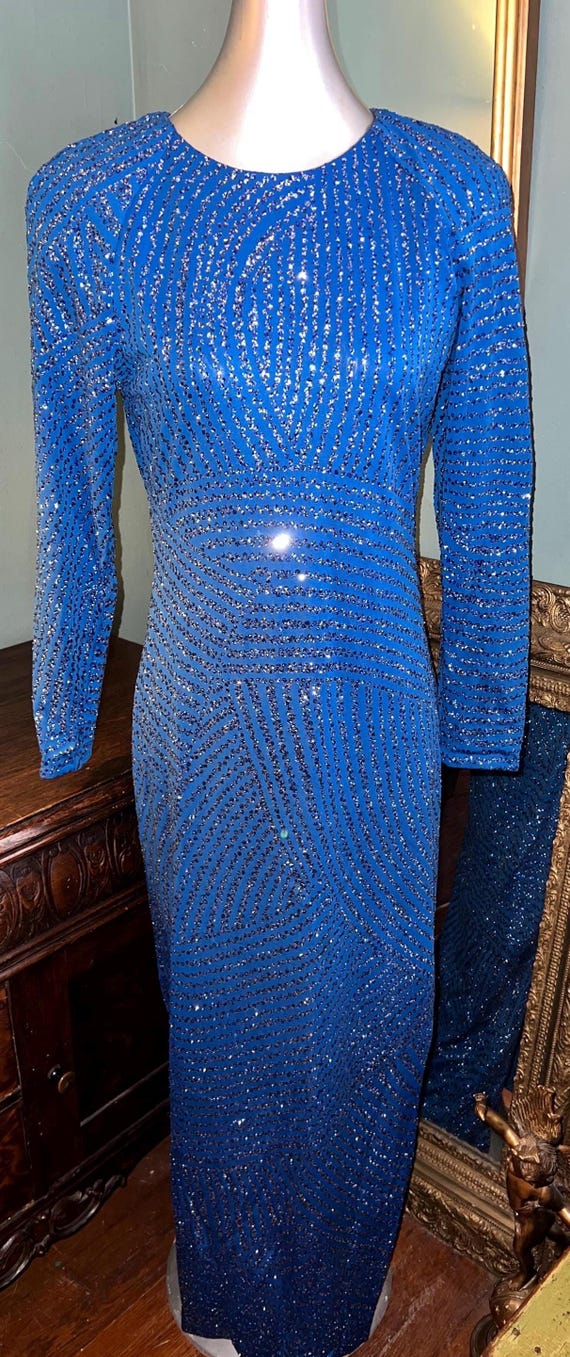 Vintage 1980’s Royal Blue With Sparkling Silver Glitter Dress, Size 8