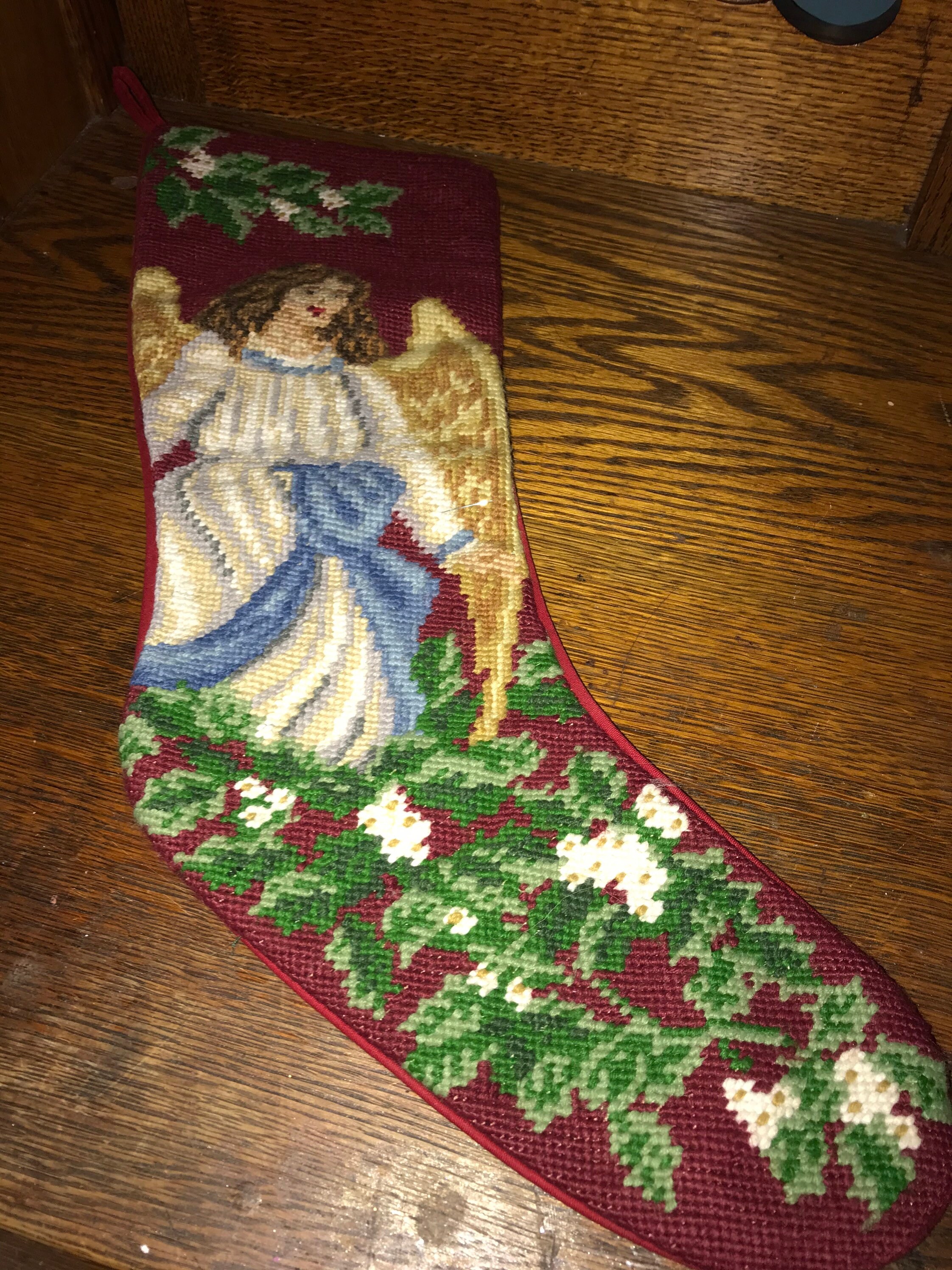 Vintage Needlepoint Angel Christmas Stocking. Needlepoint Christmas