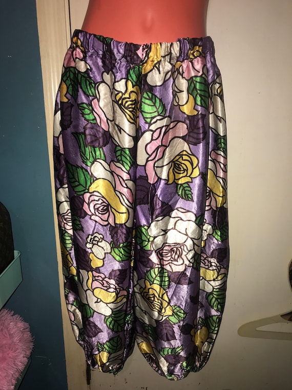 Vintage Satin Harem Pants. Purple Floral Baggy Har