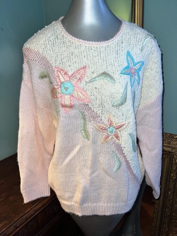 Vintage 80's Pink Fuzzy Floral  Sweater, Size Extra Large