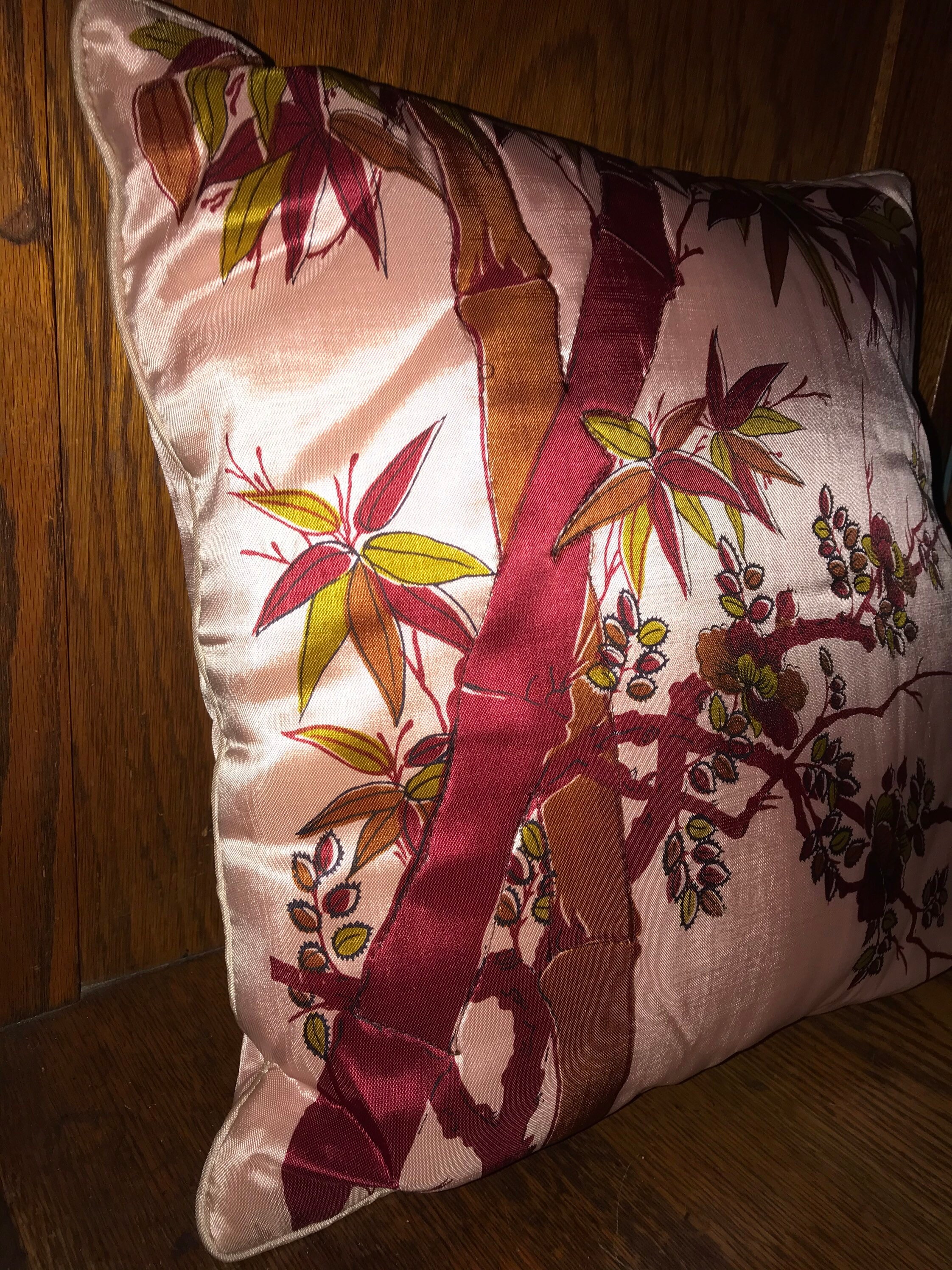 Vintage Pink Silk Bamboo Throw Pillow. 1940’s Japanese Obi