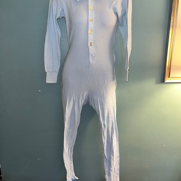 Vintage Baby BlueUnion Suit With Rear Butt Flap. Lolli-Jamas by Lollipop, Needs Repair. Baby Blue Footed Union Suit, Long Underwear