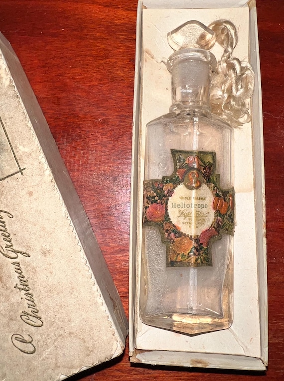 Antique 1890’s Heliotrope Perfume Bottle and Edwardian Christmas Greetings Gift Box