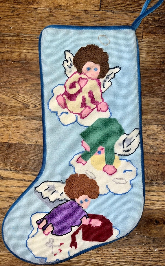 Vintage Needlepoint Angel Christmas Stocking