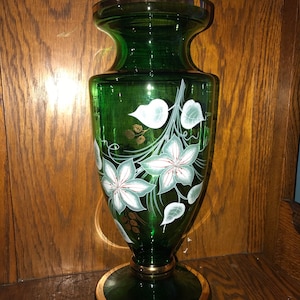 Vintage Green and Gold Glass Vase With Hand painted Flowers