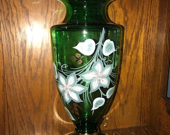 Vintage Green and Gold Glass Vase. Hand painted Flowers. Large Green Glass Vase. Floor Vase. Moser Style Vase. Gorgeous Flower Vase