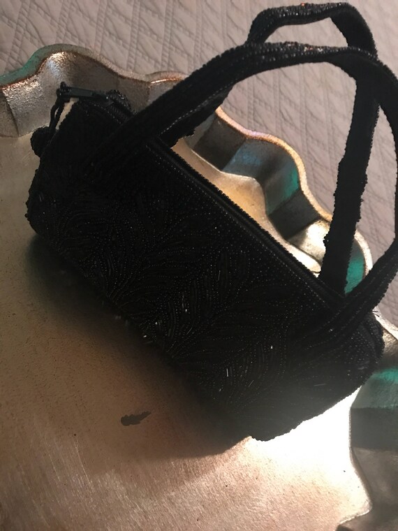Vintage Black Beaded Evening Bag. Black Beaded Pu… - image 2