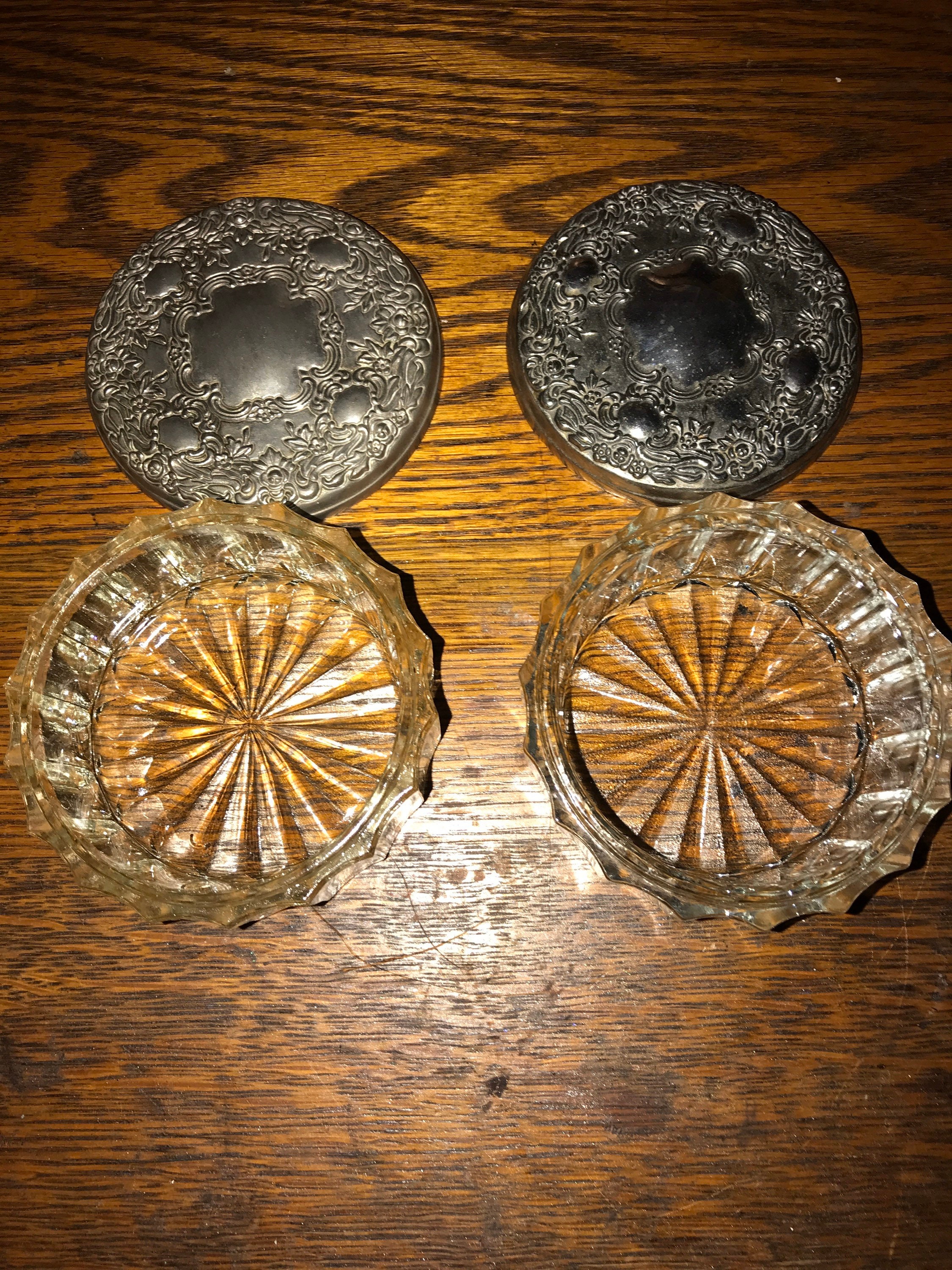 Vintage Glass Dish With Silver Plate Mirror Lid. Glass Vanity Dish With Mirror Lid. Pressed