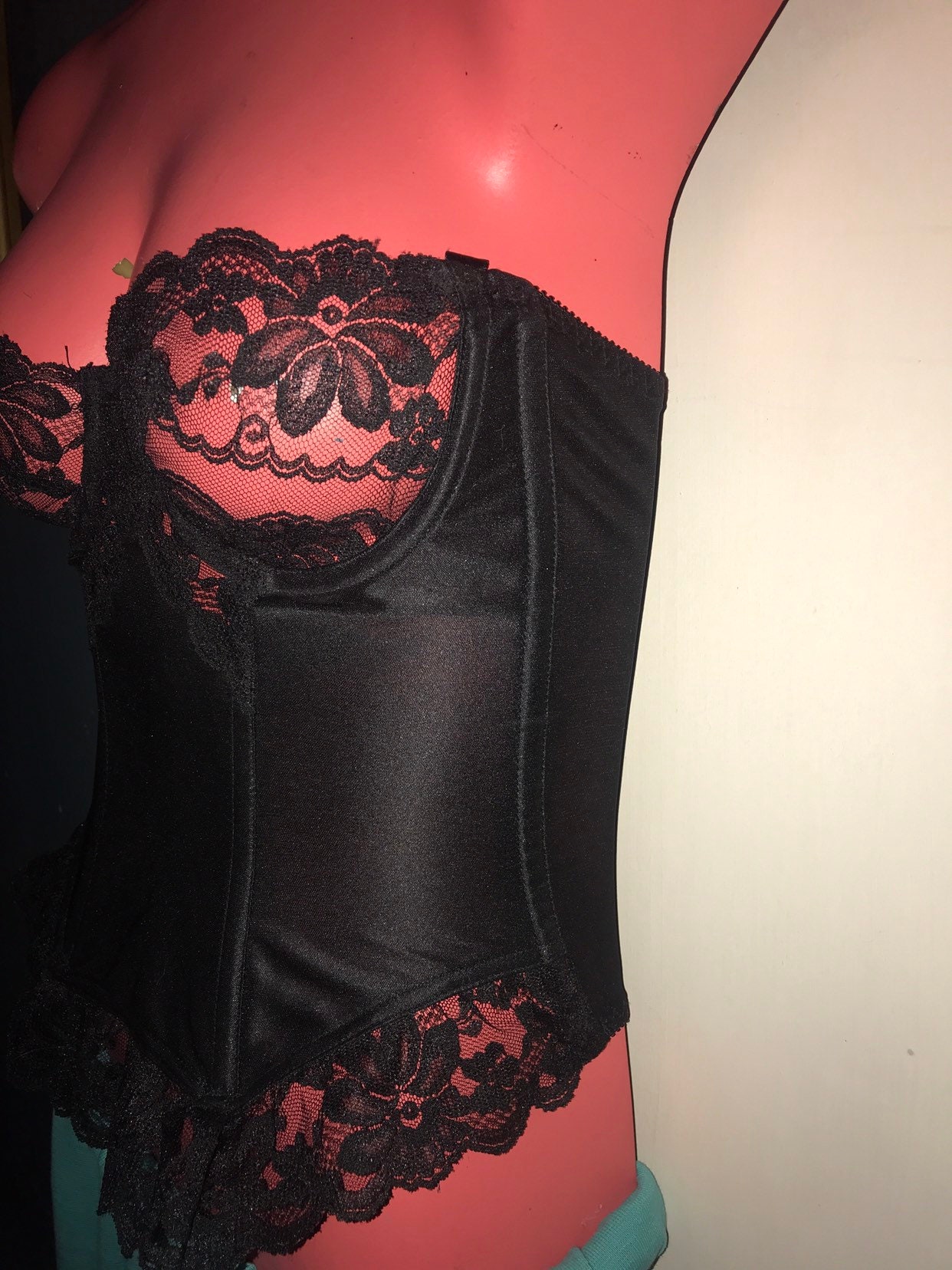 Vintage Black Corset Bra. Black Lace Strapless Bra. 1970's Black Boned