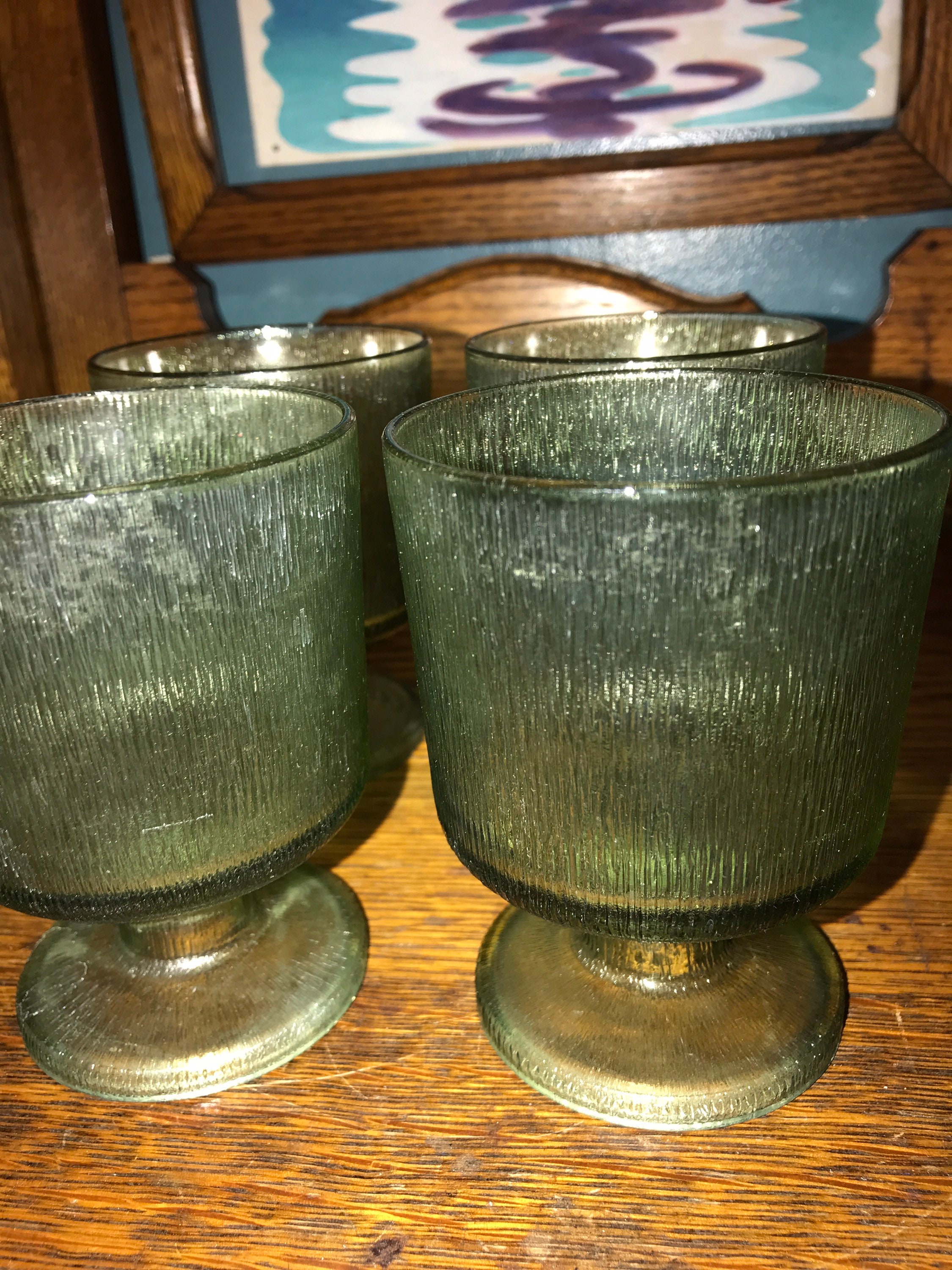 Vintage Green Small Glass Goblets. Set of Four Short Avocado Green