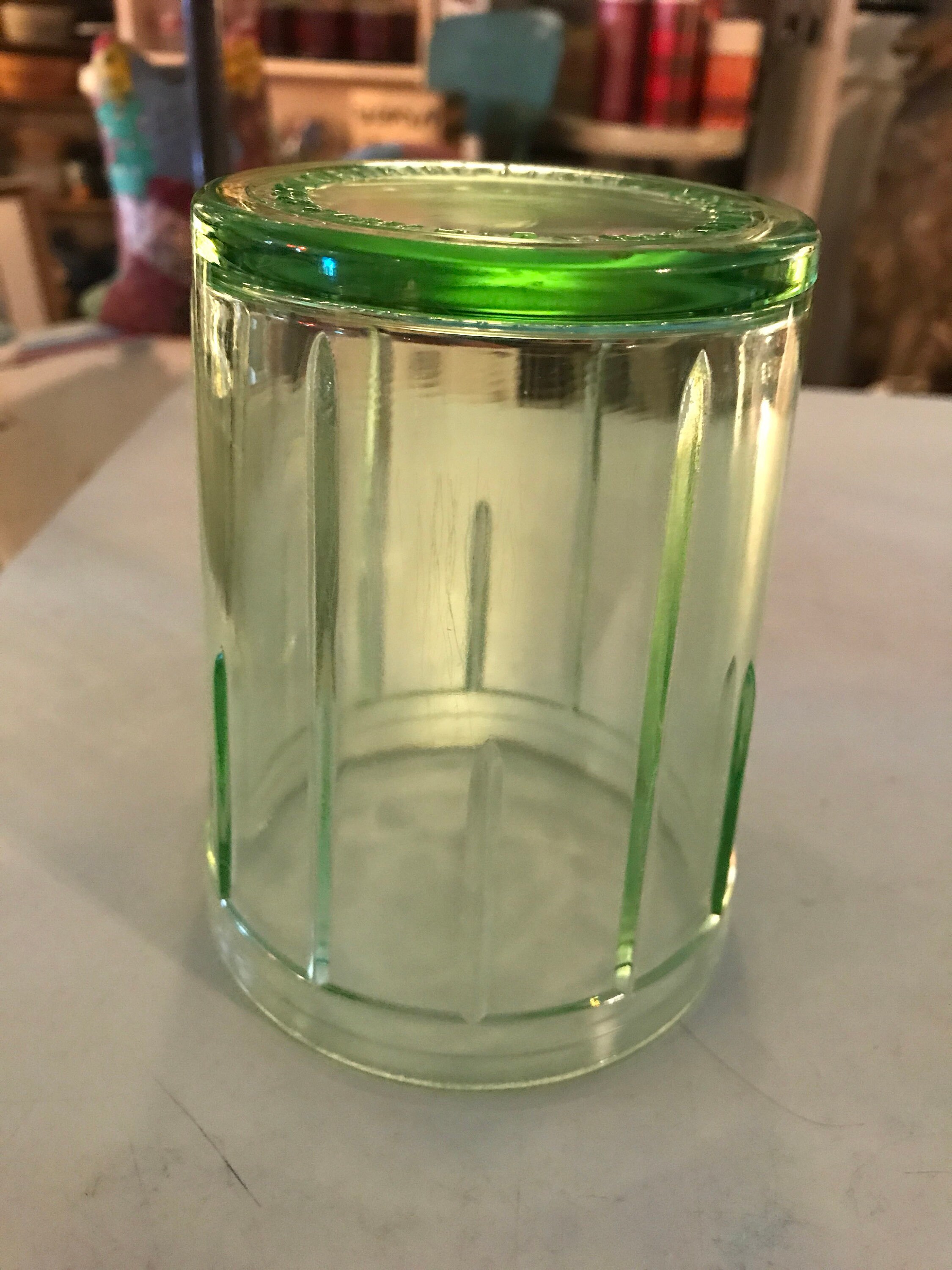 Vintage Green Depression Glass Beater Jar. Lorraine Metal Mfg. Co