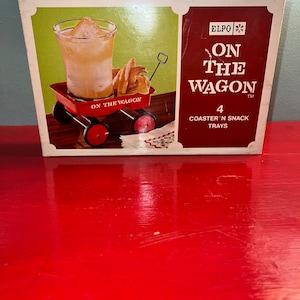 Vintage 1960’s Elpo On The Wagon Coaster and Snack Trays, Retro Barware