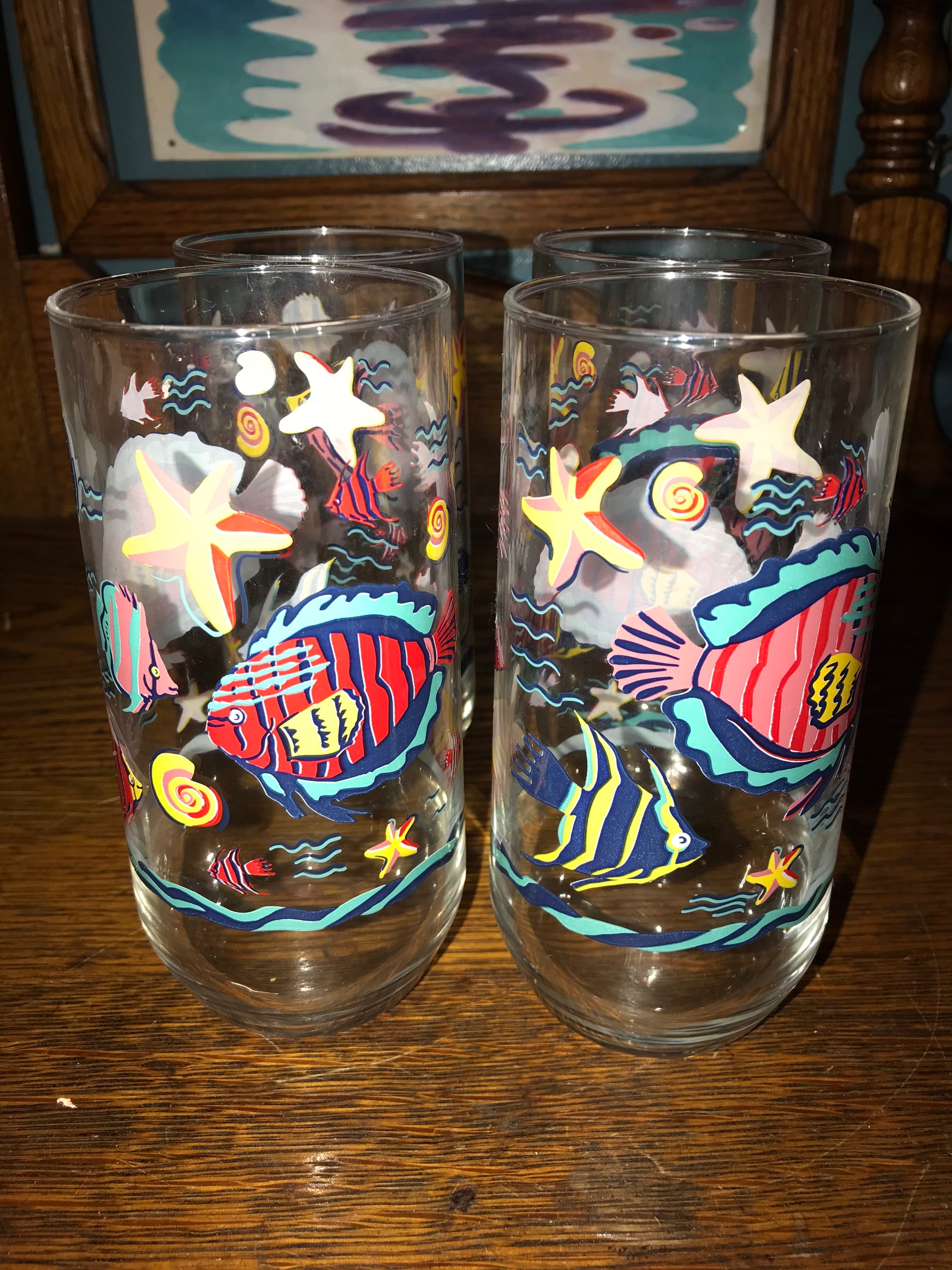Vintage 1980’s Fish Glasses. Set of Four Tropical Fish Drinking Glasses