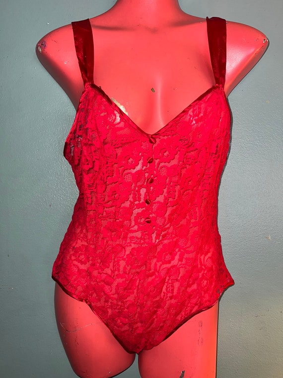 Vintage Gorgeous Red Lace Teddy Bodysuit. Red All 