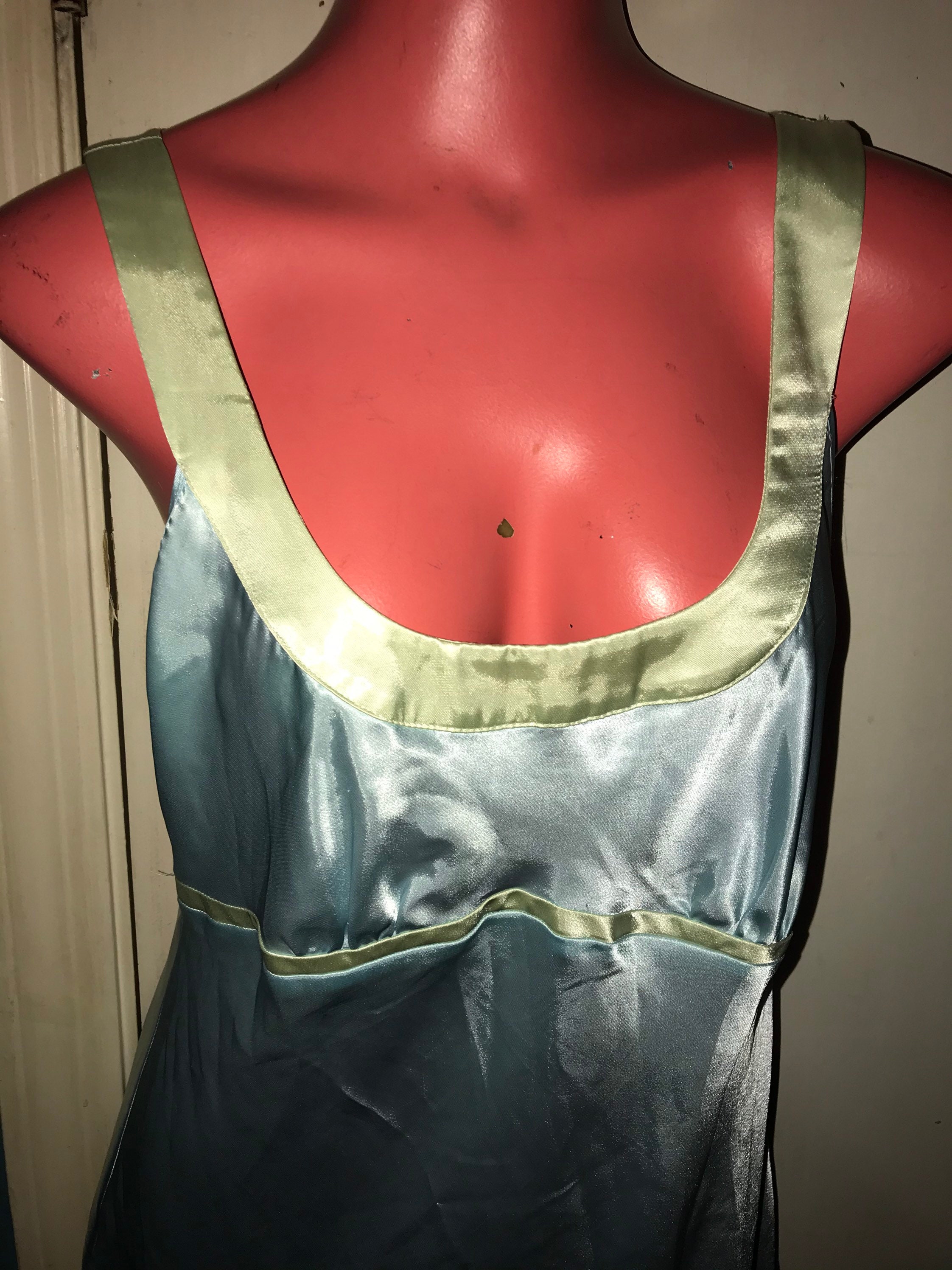 Vintage Blue and Green Satin Robe and Nightgown. Jones New York Long Robe and Nightgown. Blue Peignoir Set. Size Medium