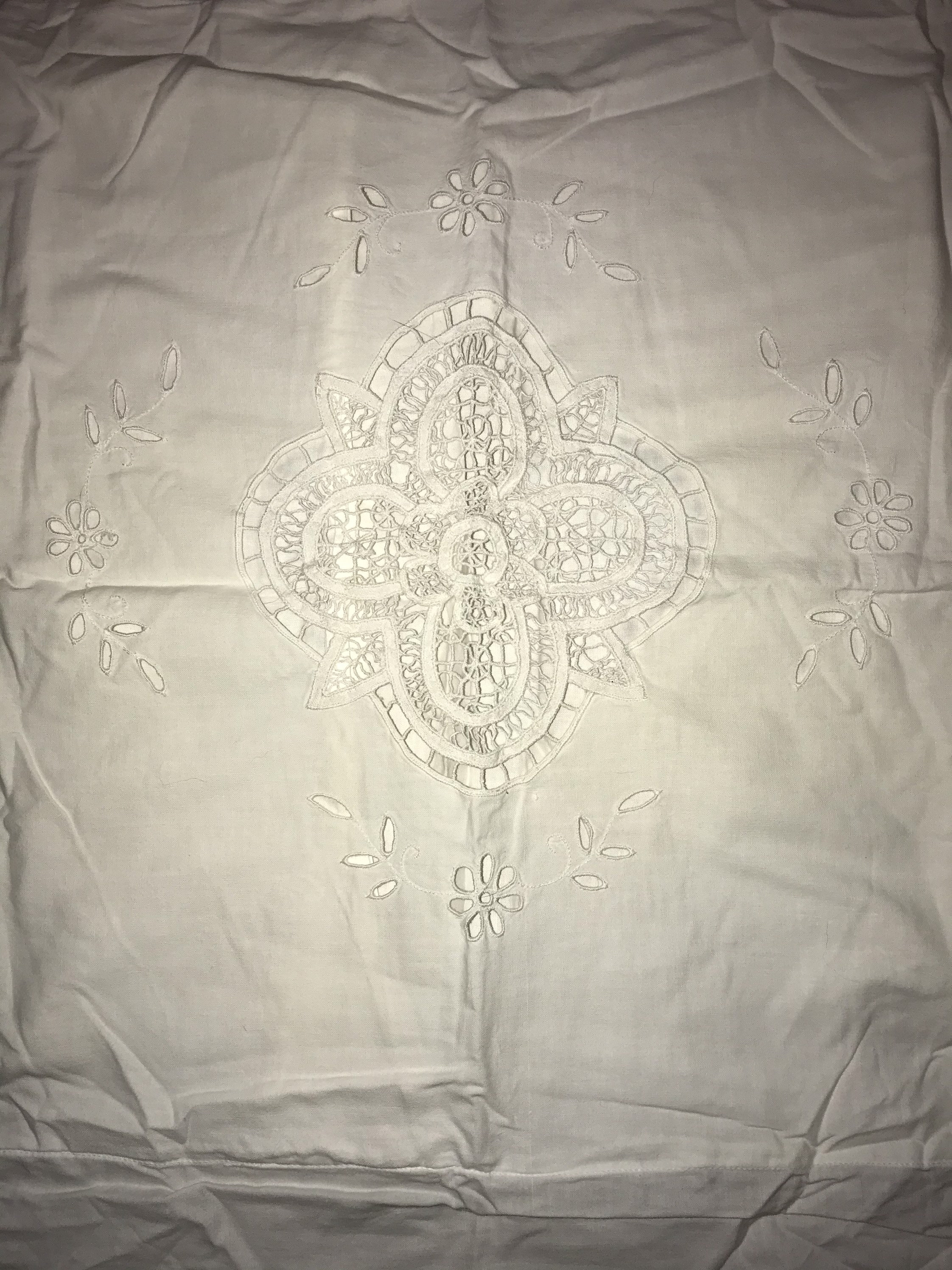 Vintage White Cotton Battenburg Lace Pillow Sham. One Standard