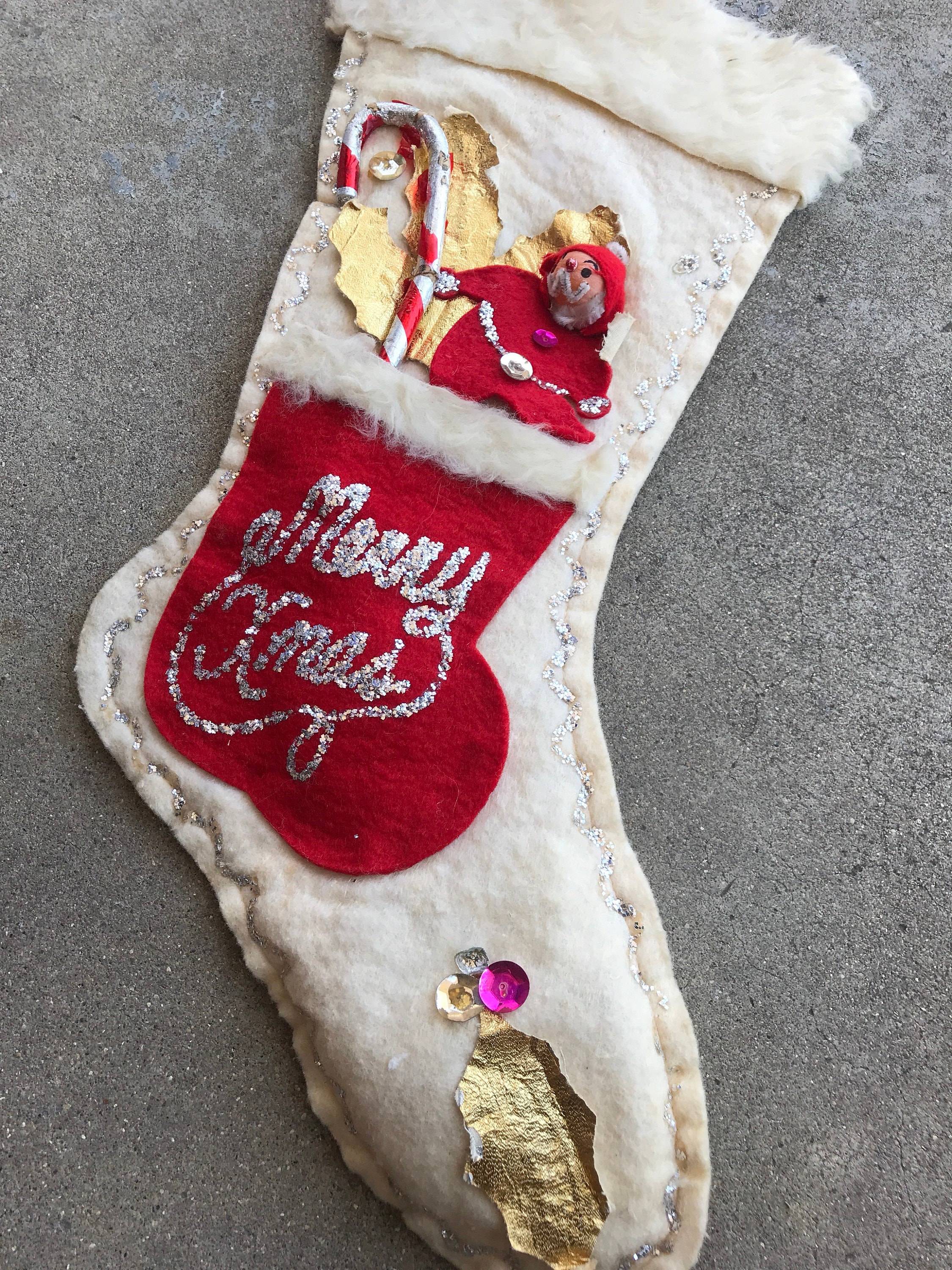 Vintage Handmade Felt Christmas Stocking. Felt Christmas Stocking