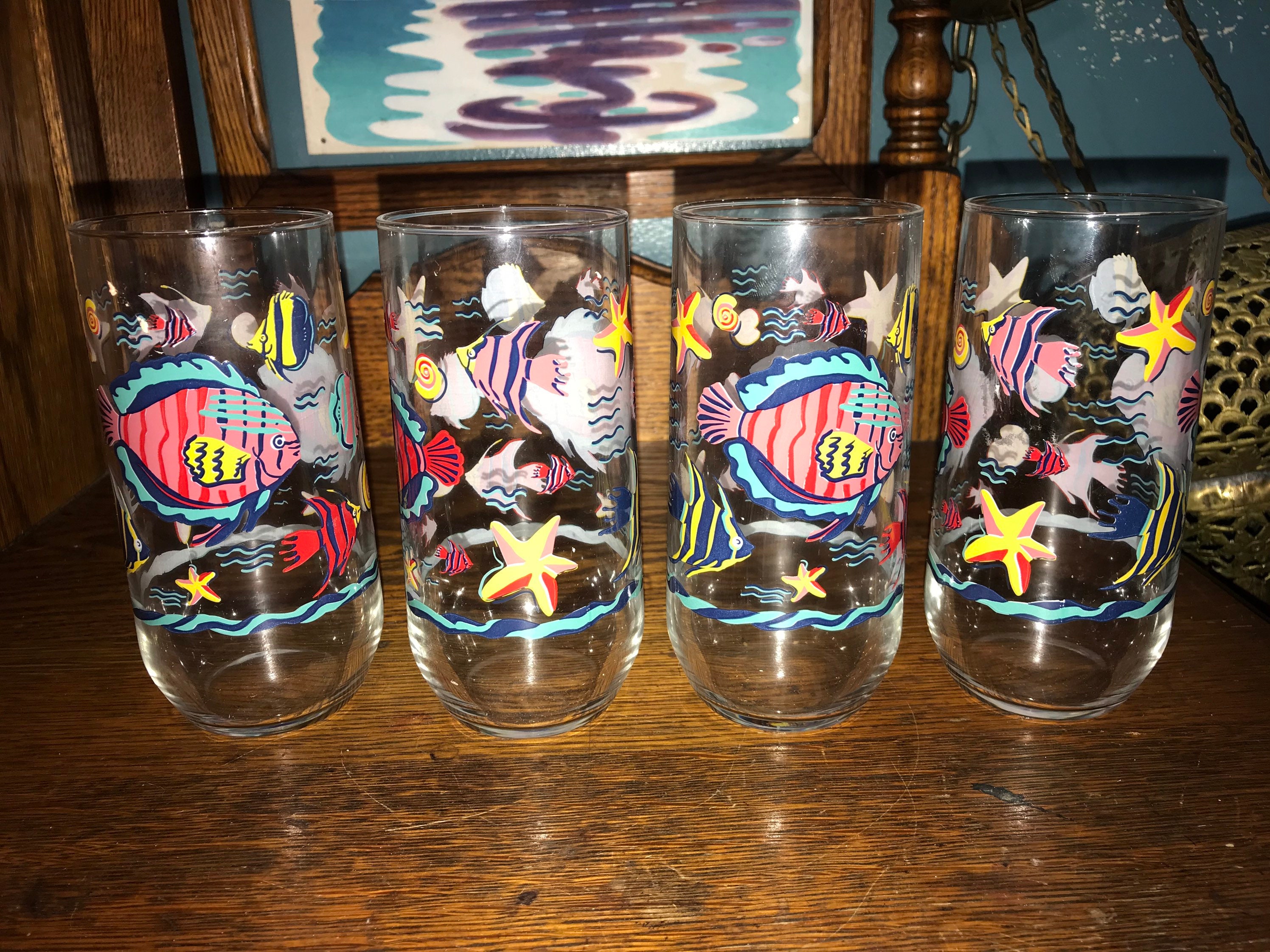 Vintage 1980’s Fish Glasses. Set of Four Tropical Fish Drinking Glasses