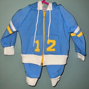 Vintage 1980’s Blue and Yellow Baby Sweatsuit, Hooded Sweatshirt and Pants , Size 12 Months