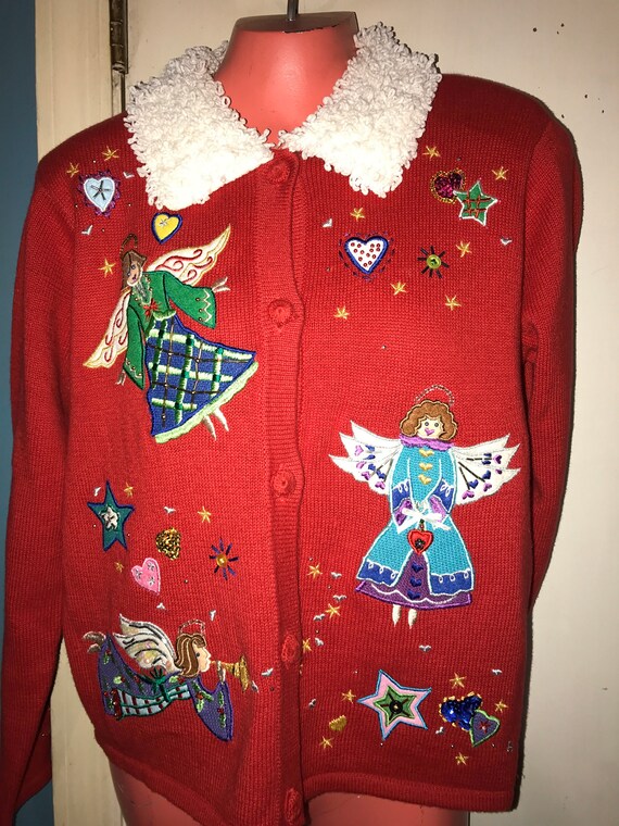 Ugly Christmas Sweater. Vintage Ugly Red Angel Swe