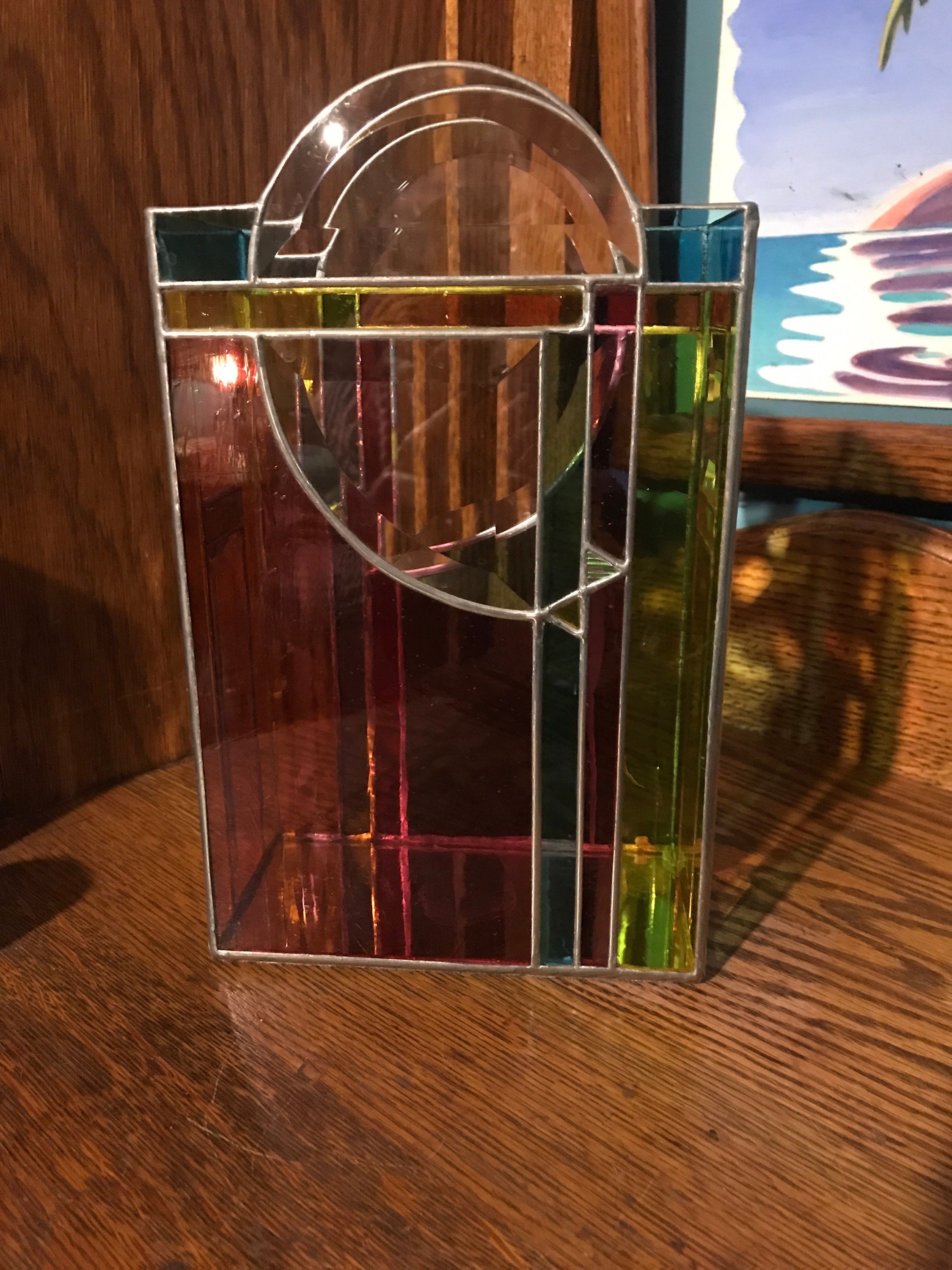 Vintage Stained Glass Candle Holder. Large Stained Glass Votive Candle