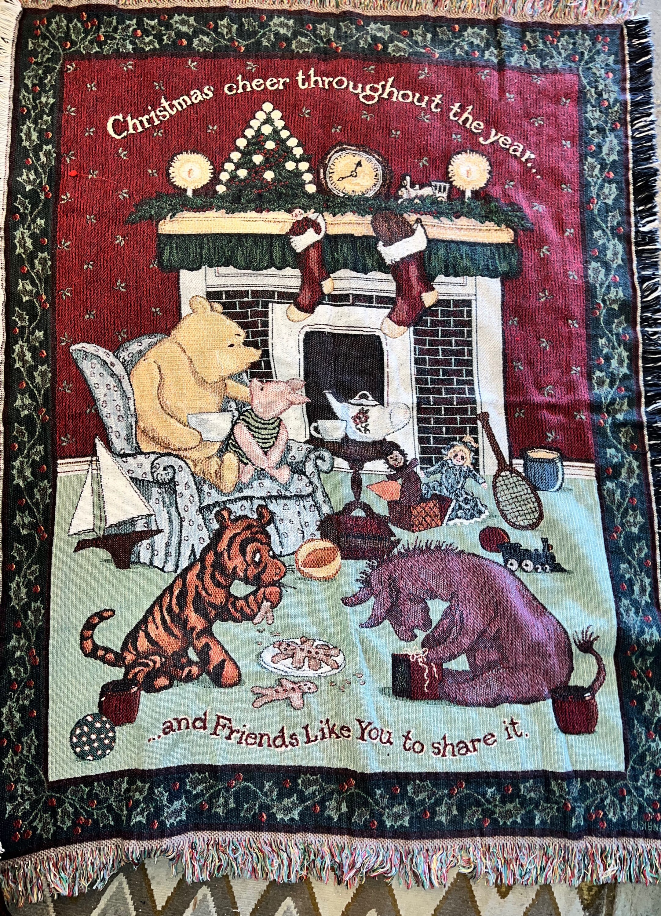 Vintage 1990 s Winnie The Pooh Christmas Tapestry Throw Blanket. Disney Pooh Bear Blanket. Tapestry Throw. Disney Throw Lap Blanket