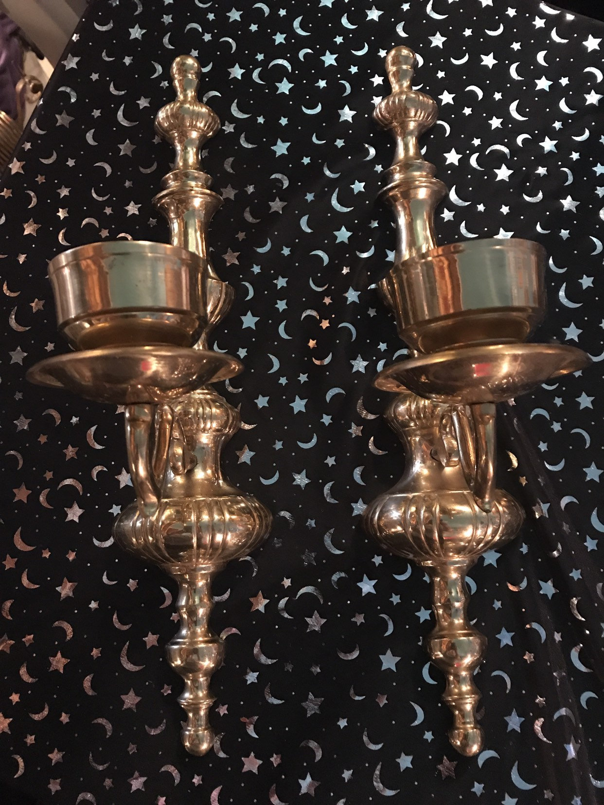 Vintage Brass Wall Hanging Candlestick Holders . Set of Two Brass