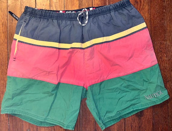 Vintage 1990’s Faded Out Color Block Nautica Swim Trunks, Size Large