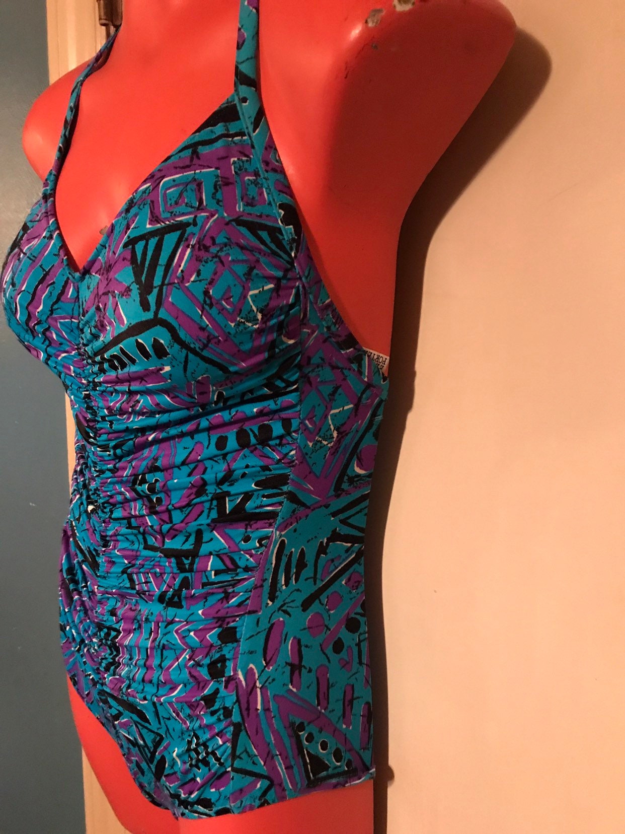 Vintage 1980's Swimsuit. Vintage Turquoise, Purple, and Black Swimsuit ...