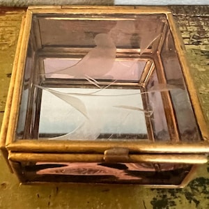Vintage Glass and Brass Trinket Box With Etched Bird