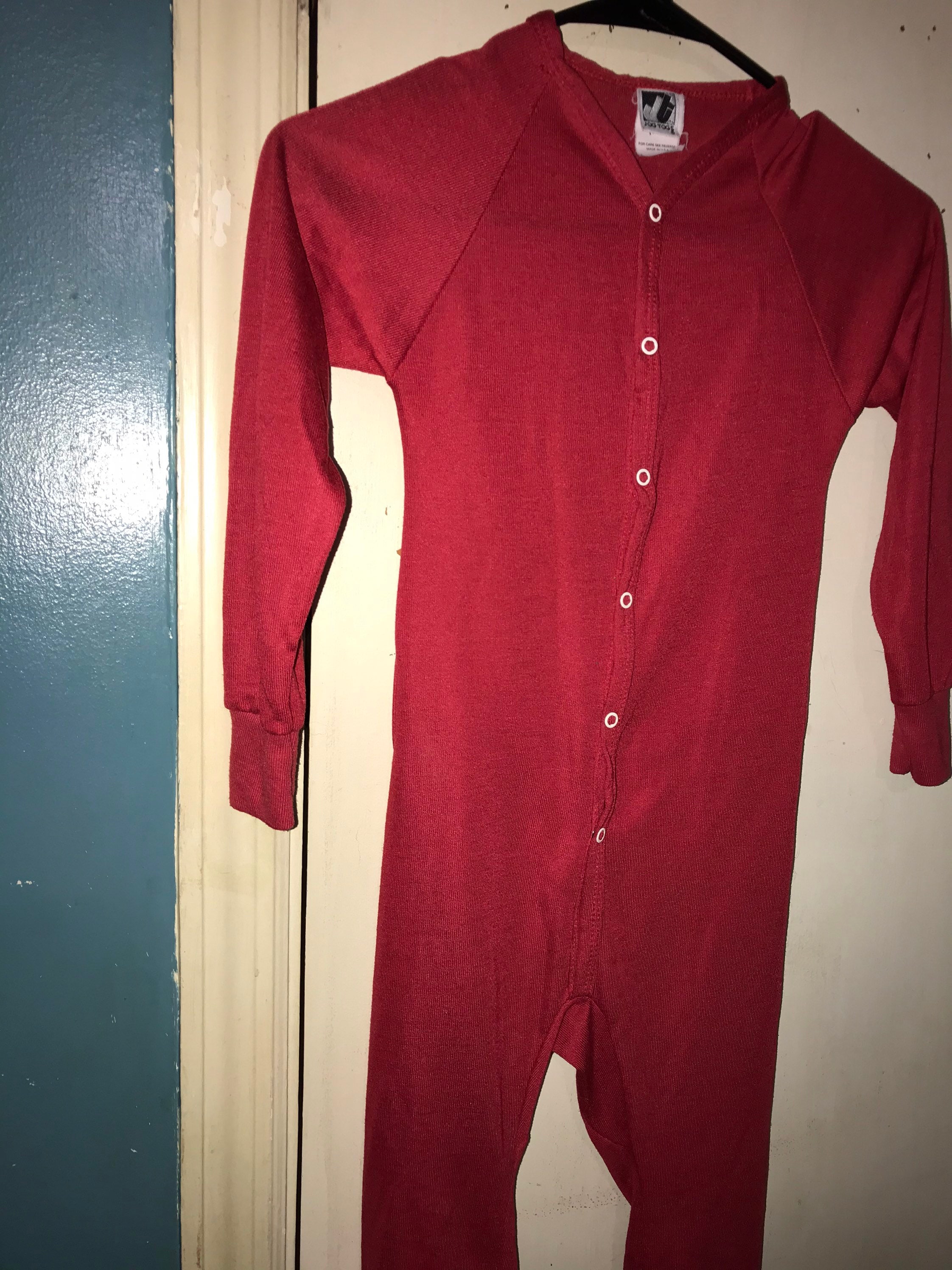 Vintage Kids Red Union Suit With Rear Butt Flap. Children’s Cherry Red