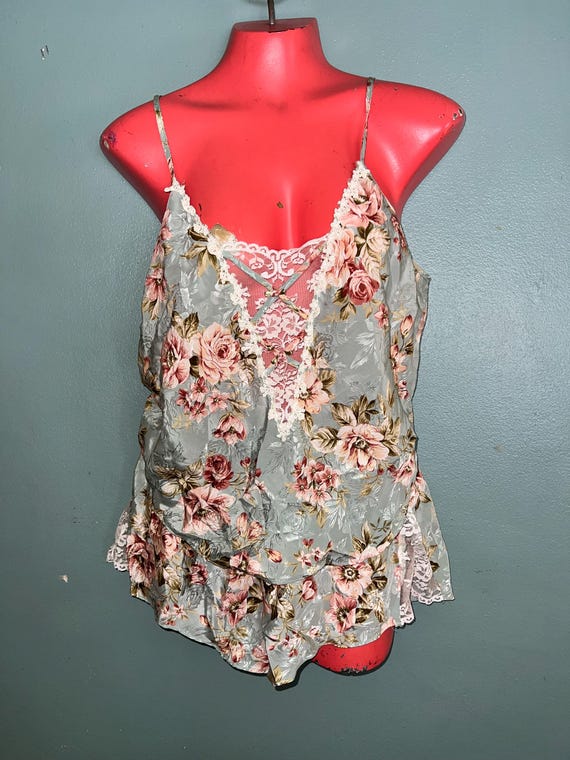 Vintage 1980’s Sage Green Floral Shorts and Camisole Satin Pajamas, Size Large