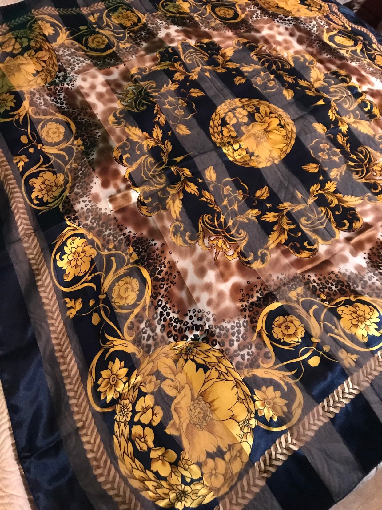 Vintage Bold Navy and Gold Satin Scarf. Large Navy Blue And Gold Floral ...