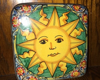 Vintage Terra Cotta Fratantoni For Vietri Sun Tile. Hand Painted By Artist Fratantoni Trivet/Tile. Gorgeous Sunshine