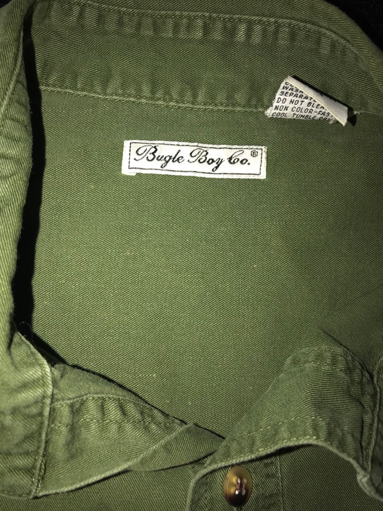 Vintage Bugle Boy Button Down Shirt. Mens Bugle Boy Green Khaki Shirt